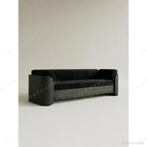 Ink Charm Black Velvet Sofa with Rounded Wood Arms in black — in a room setting