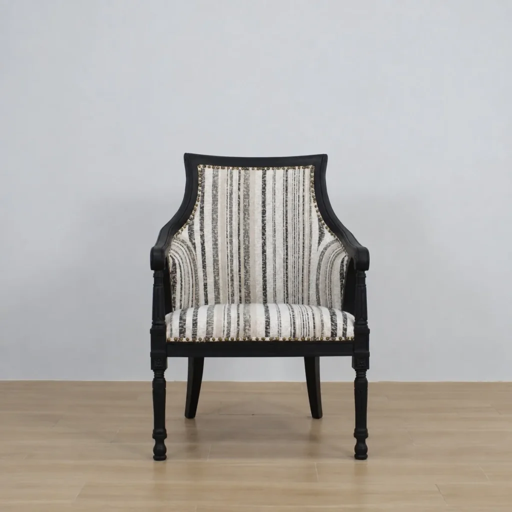 Ink Poem Black Wood Armchair in Striped Jacquard — front view