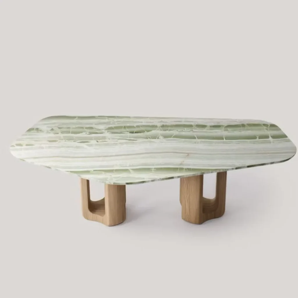 Cuiying Green Onyx Dining Table on Sculpted Oak Base in olive — front view