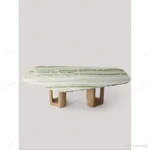 Cuiying Green Onyx Dining Table on Sculpted Oak Base in olive — in a room setting