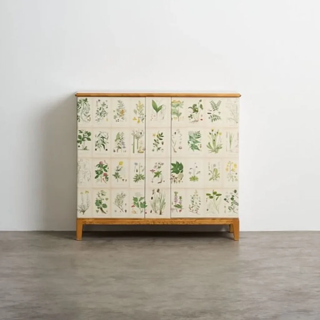 Painted Botanical Panel Cabinet in Pale Oak Frame — front view