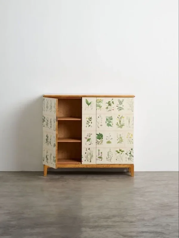Painted Botanical Panel Cabinet in Pale Oak Frame — in a room setting