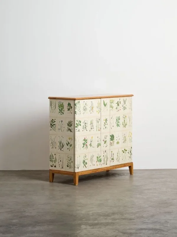 Painted Botanical Panel Cabinet in Pale Oak Frame — in a room setting