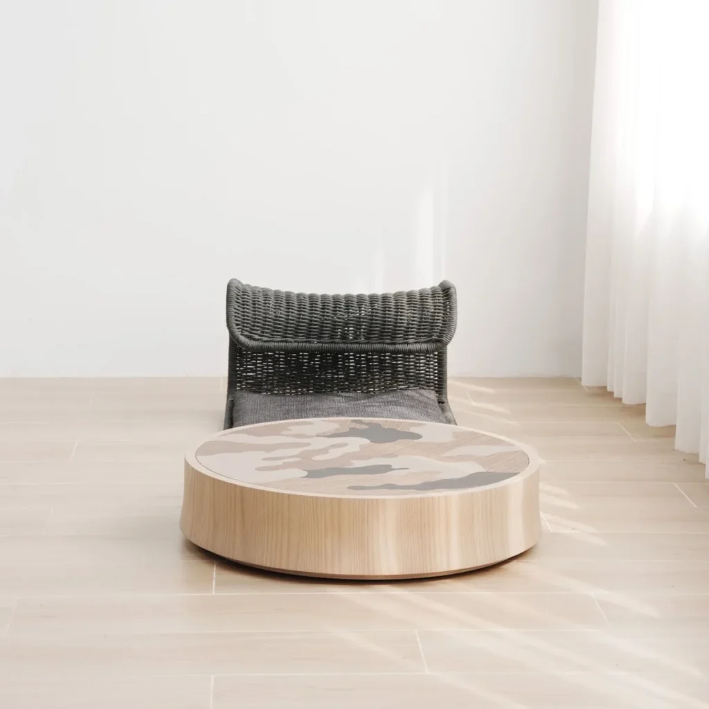 Grey Rattan Lounge Chair and Round Marbled Coffee Table Set — front view