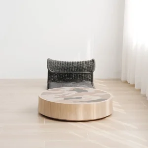 Grey Rattan Lounge Chair and Round Marbled Coffee Table Set — front view