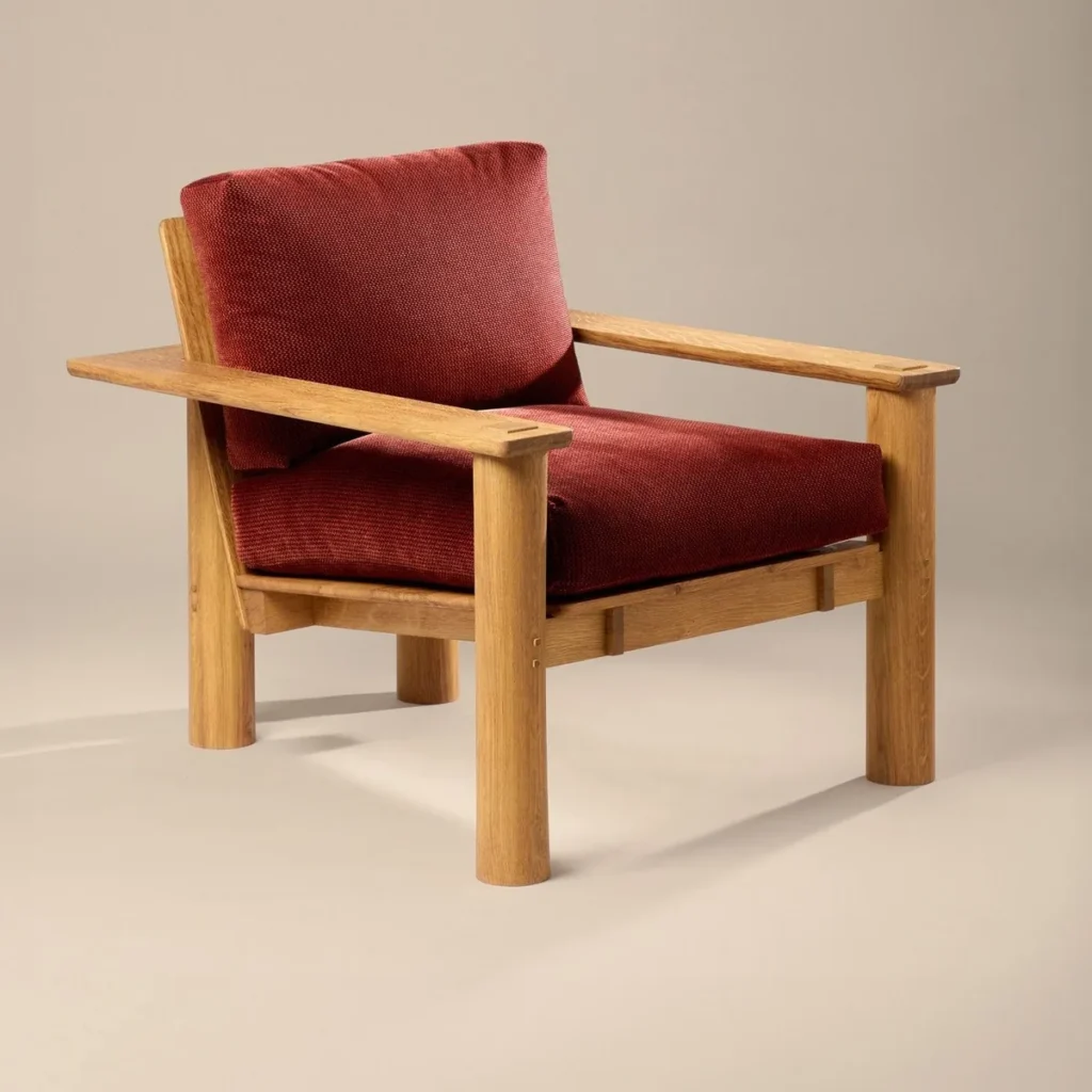 Red Ark Solid Oak Lounge Chair in Wine Red Fabric — front view
