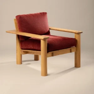 Red Ark Solid Oak Lounge Chair in Wine Red Fabric — front view