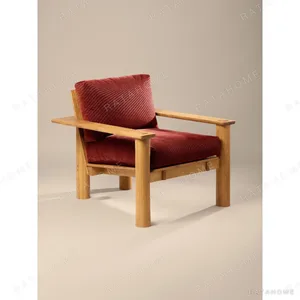 Red Ark Solid Oak Lounge Chair in Wine Red Fabric — in a room setting