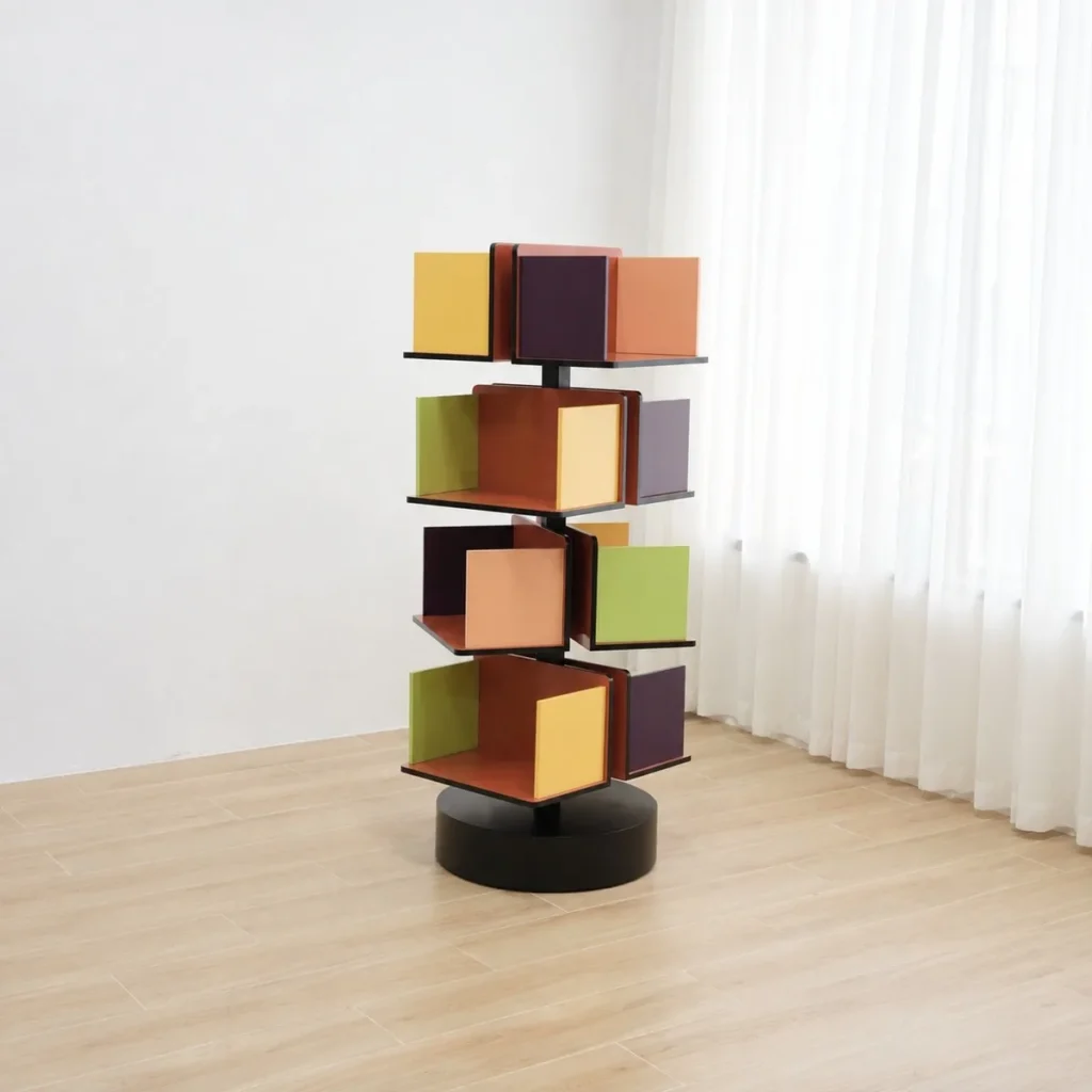 Rotating Multicolour Cube Bookcase on Black Base in multicolour — front view