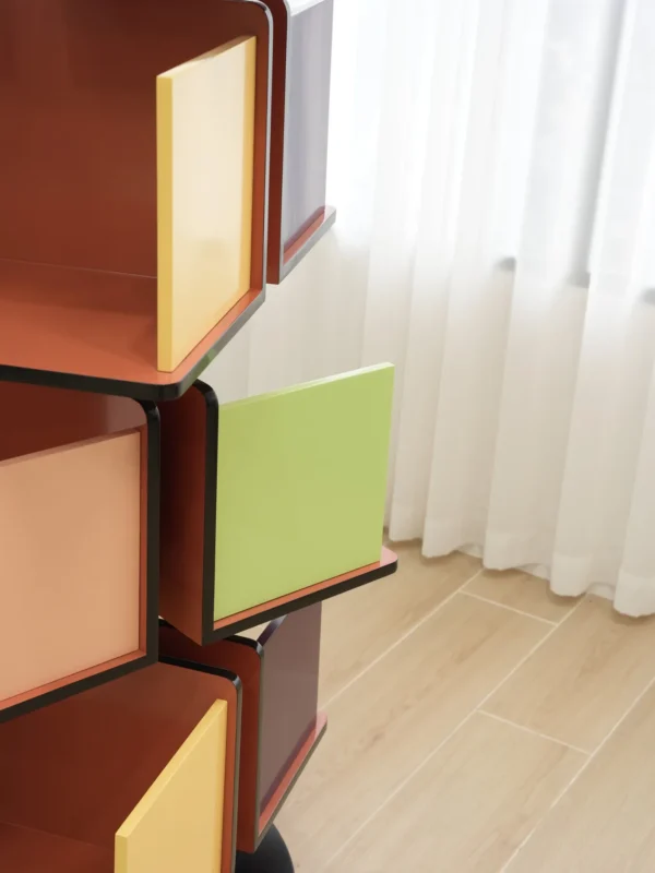 Rotating Multicolour Cube Bookcase on Black Base in multicolour — detail