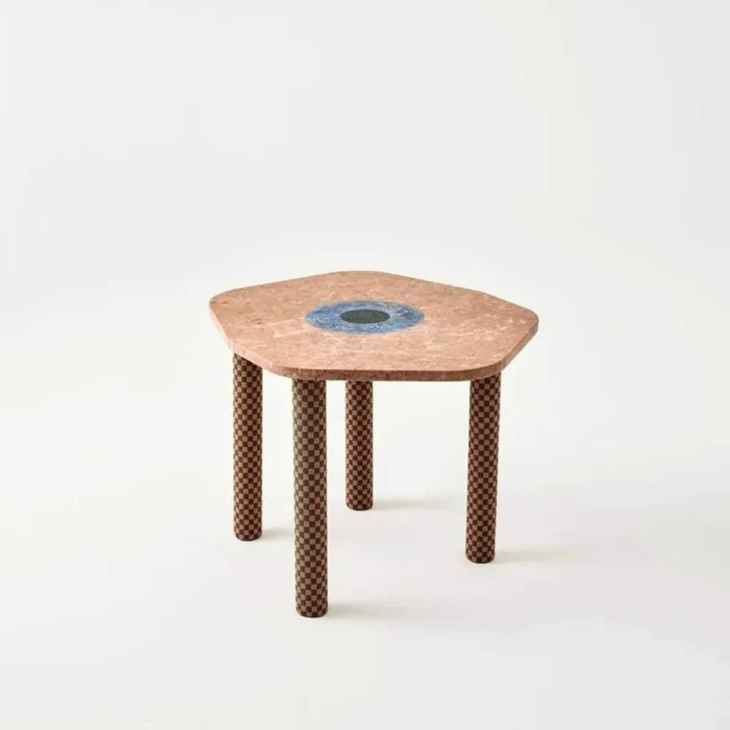 Time Slice Pink Marble Side Table in rose stone — front view