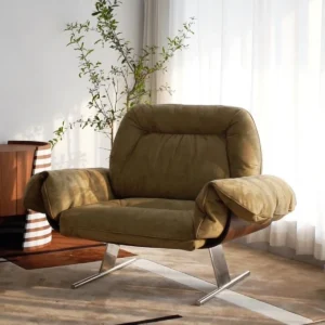 Olive Suede Lounge Chair with Wing Arms on Chrome Frame in olive — front view