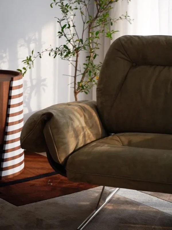 Olive Suede Lounge Chair with Wing Arms on Chrome Frame in olive — detail