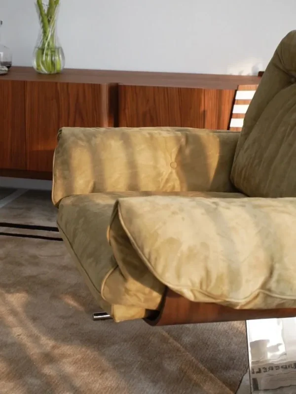 Olive Suede Lounge Chair with Wing Arms on Chrome Frame in olive — detail