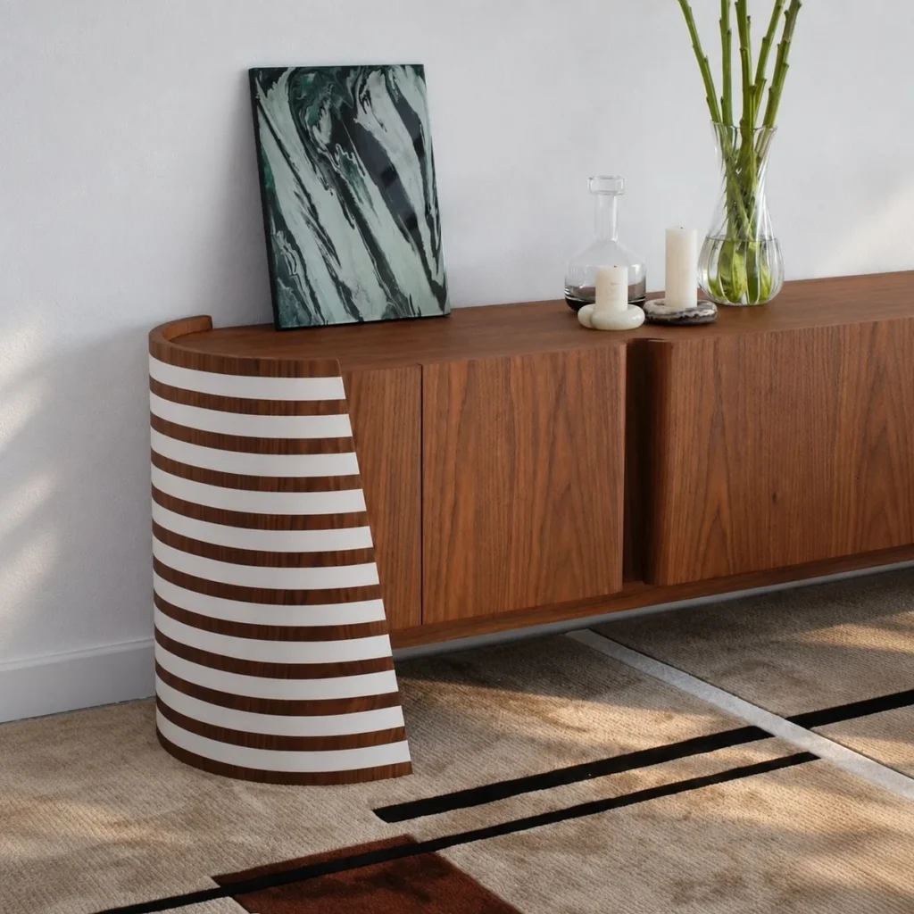 Warm Walnut TV Cabinet with Curved Striped Side — front view
