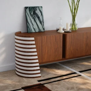 Warm Walnut TV Cabinet with Curved Striped Side — front view