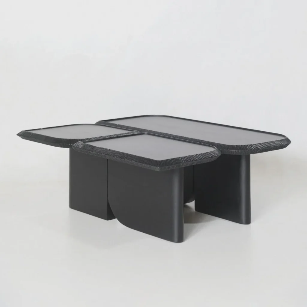 Wave Geometric Three-Tier Coffee Table in Black Wood — front view