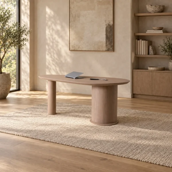 Yuehu Moon Arc Tea Table in natural oak — in a room setting