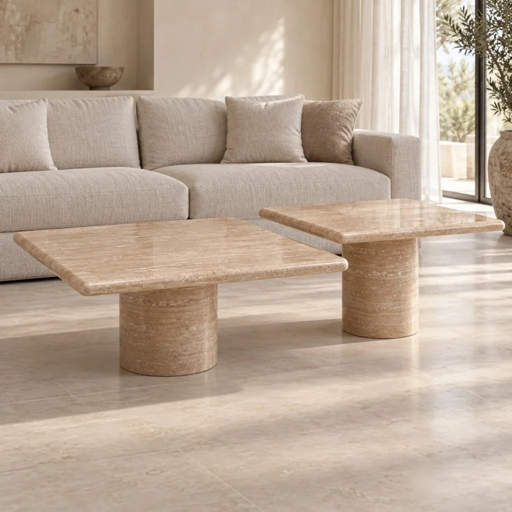 Yuexin Travertine Coffee Table Pair on Cylinder Bases in sand — front view