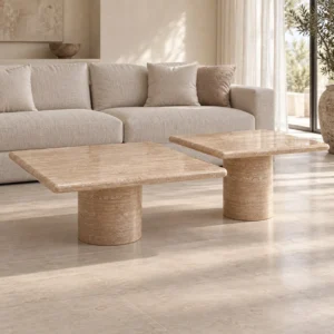 Yuexin Travertine Coffee Table Pair on Cylinder Bases in sand — front view