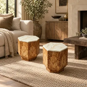 Yulinglong Hexagonal Burl Side Table with Onyx Top, Set of 2 in clay — in a room setting