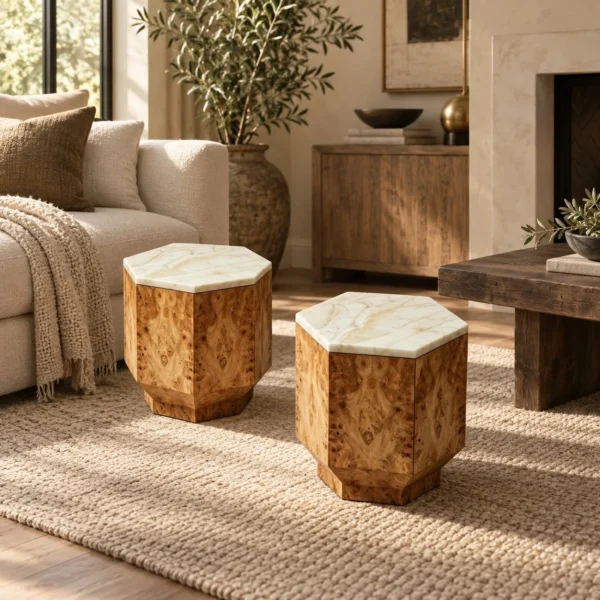 Yulinglong Hexagonal Burl Side Table with Onyx Top, Set of 2 in clay — in a room setting
