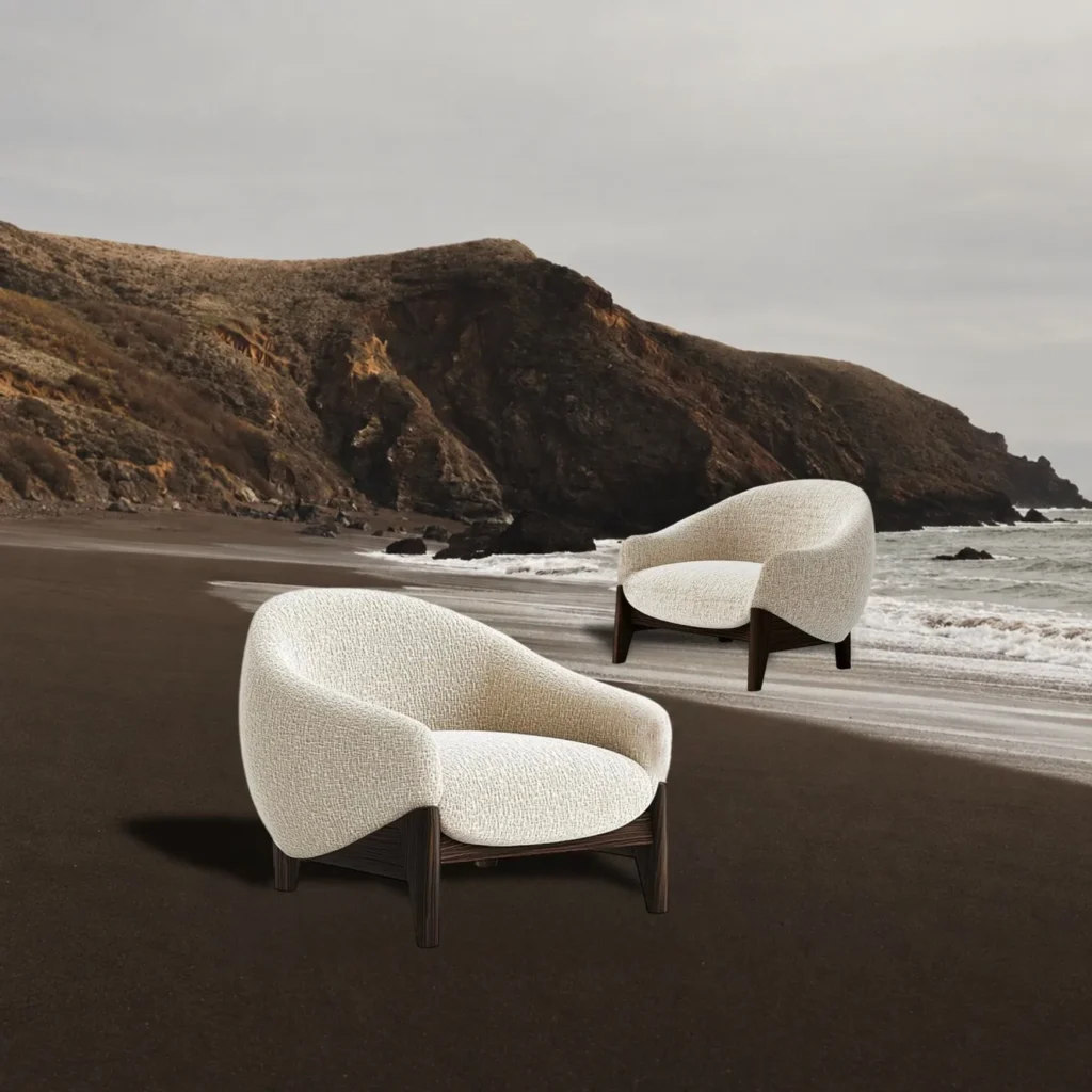 Yunqi Cloud Bouclé Tub Chair on Dark Wood Base in ivory — front view