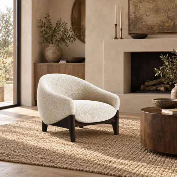 Yunqi Cloud Bouclé Tub Chair on Dark Wood Base in ivory — in a room setting