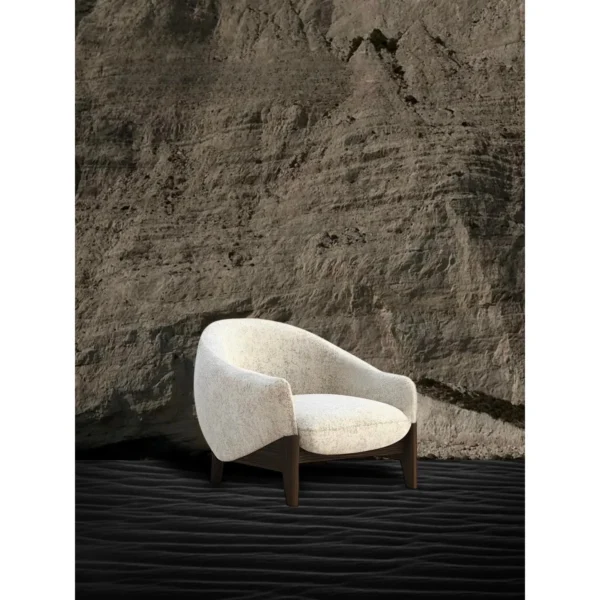Yunqi Cloud Bouclé Tub Chair on Dark Wood Base in ivory — in a room setting