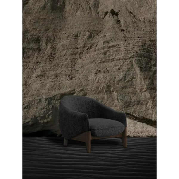 Yunqi Cloud Bouclé Tub Chair on Dark Wood Base in ivory — in a room setting