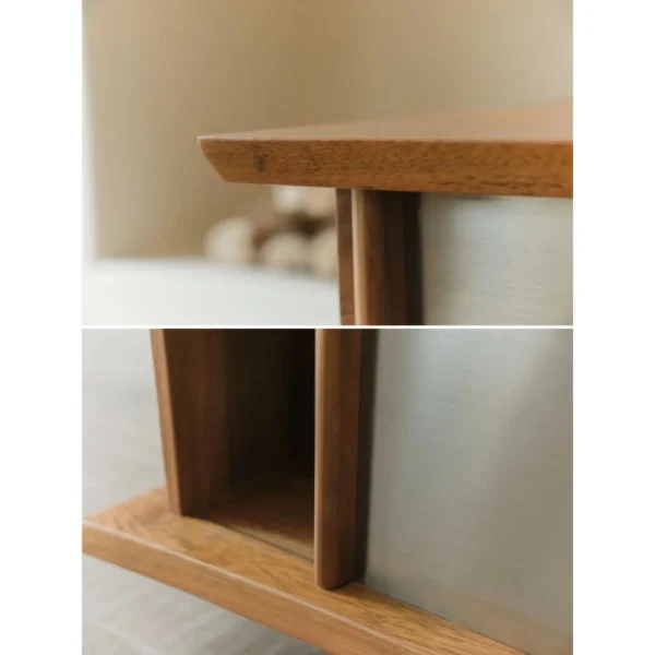 Yushu Teak and Brushed Steel Low TV Cabinet with Curved Ends in clay — in a room setting