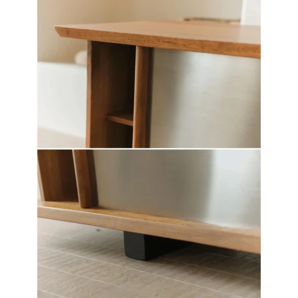 Yushu Teak and Brushed Steel Low TV Cabinet with Curved Ends in clay — in a room setting