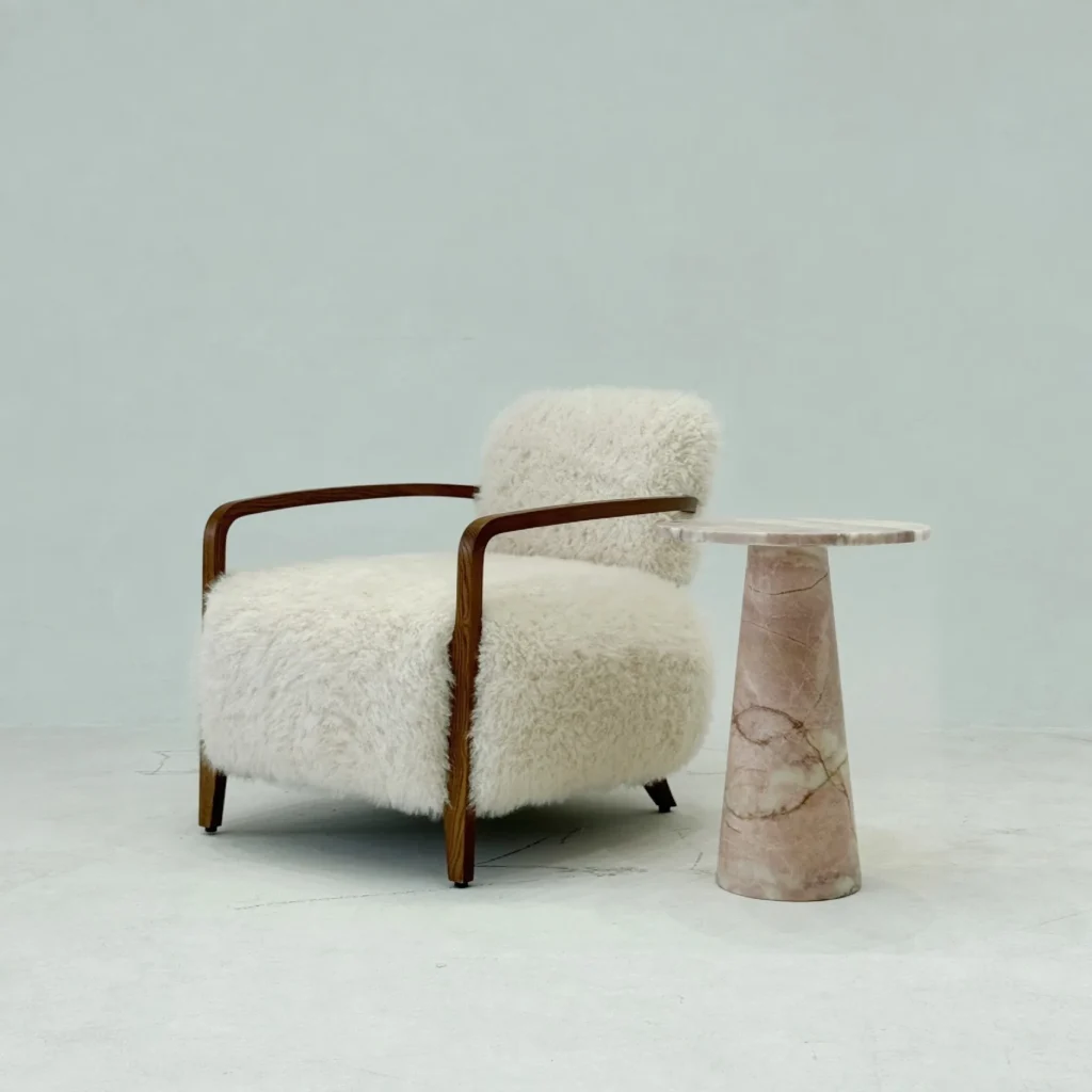 Yusol Vintage Sheepskin Lounge Chair on Walnut Frame in oatmeal — front view