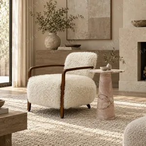 Yusol Vintage Sheepskin Lounge Chair on Walnut Frame in oatmeal — in a room setting