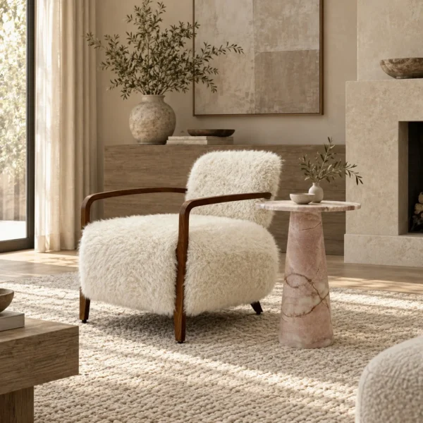 Yusol Vintage Sheepskin Lounge Chair on Walnut Frame in oatmeal — in a room setting