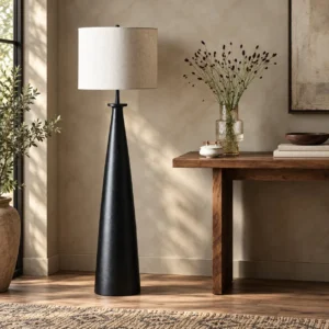 Zakai Black Iron Cone Floor Lamp with Off-White Drum Shade in black — front view