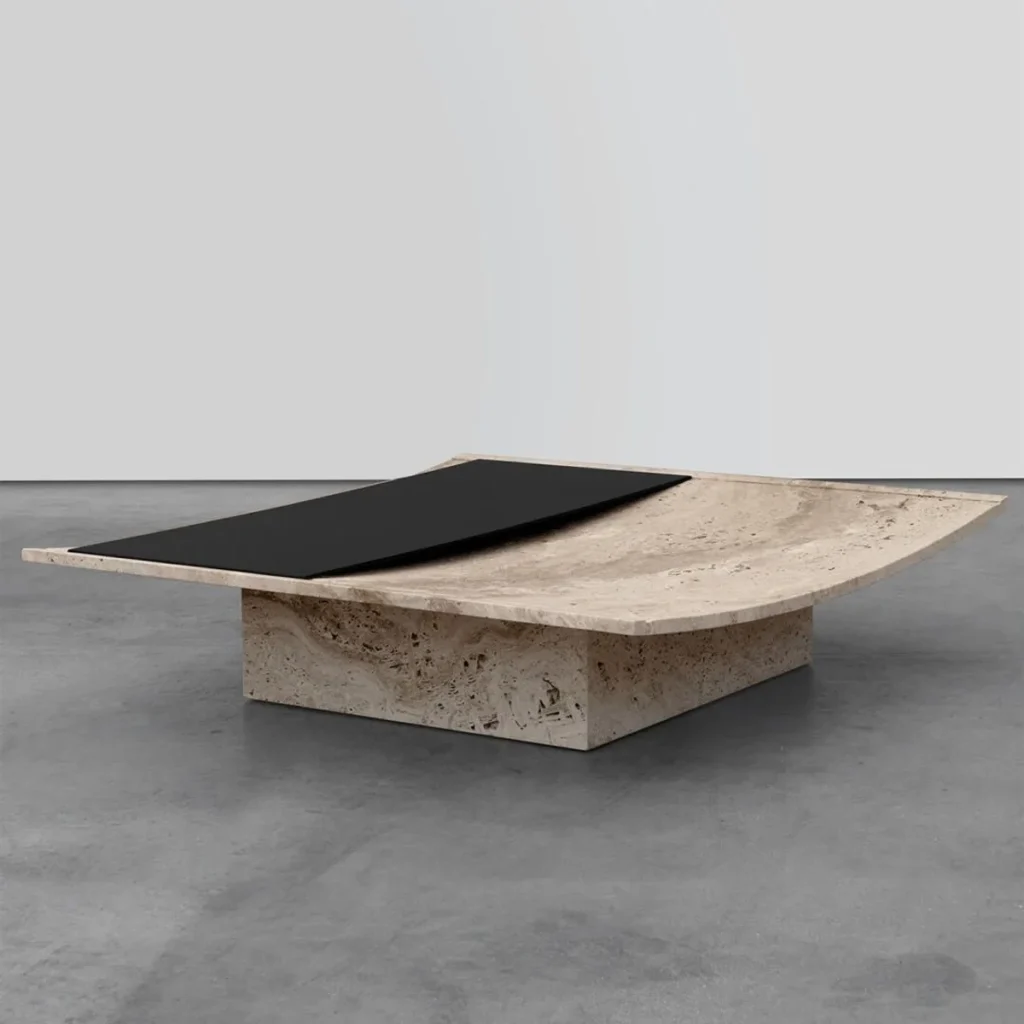 Curved Travertine Coffee Table with Black Gloss Inset in oatmeal — front view