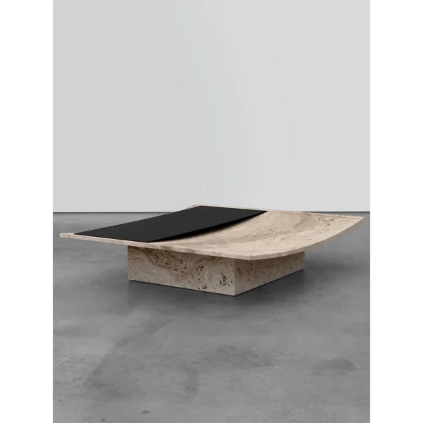 Curved Travertine Coffee Table with Black Gloss Inset in oatmeal — in a room setting