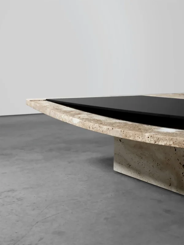Curved Travertine Coffee Table with Black Gloss Inset in oatmeal — detail