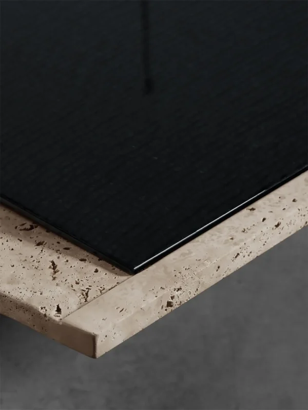 Curved Travertine Coffee Table with Black Gloss Inset in oatmeal — detail