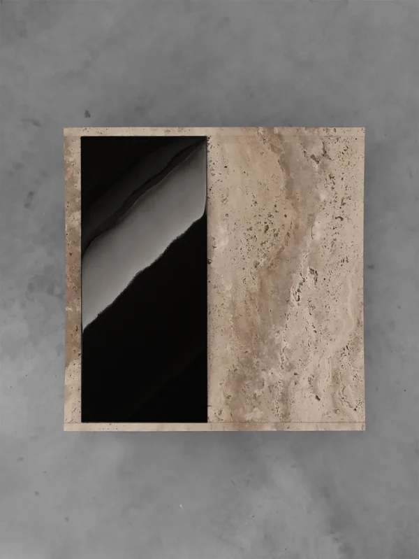 Curved Travertine Coffee Table with Black Gloss Inset in oatmeal — detail