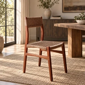 Solid Wood Dining Chair with Woven Cord Seat and Back in clay — in a room setting