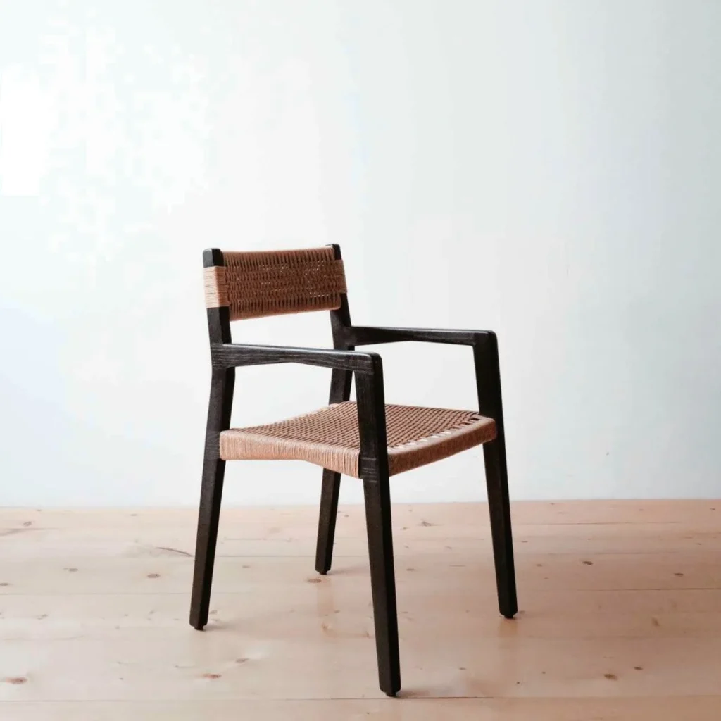 Black Wood Dining Armchair with Woven Cord Seat in black — front view