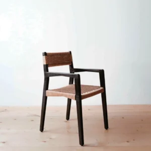 Black Wood Dining Armchair with Woven Cord Seat in black — front view