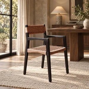 Black Wood Dining Armchair with Woven Cord Seat in black — in a room setting