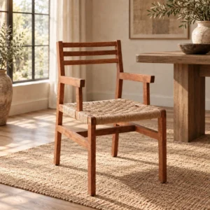 Low Solid Wood Armchair with Woven Cord Seat in clay — in a room setting