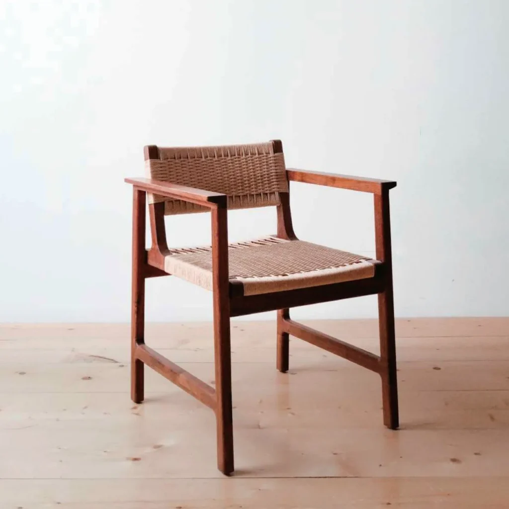 Solid Wood Dining Armchair with Woven Seat and Back in clay — front view