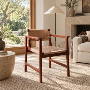Solid Wood Dining Armchair with Woven Seat and Back in clay — in a room setting
