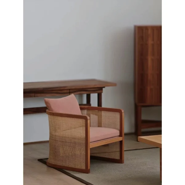 Solid Oak Barrel Lounge Chair in natural oak — in a room setting