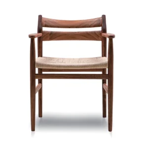 Walnut Yoke-Back Dining Armchair with Woven Seat in walnut — front view